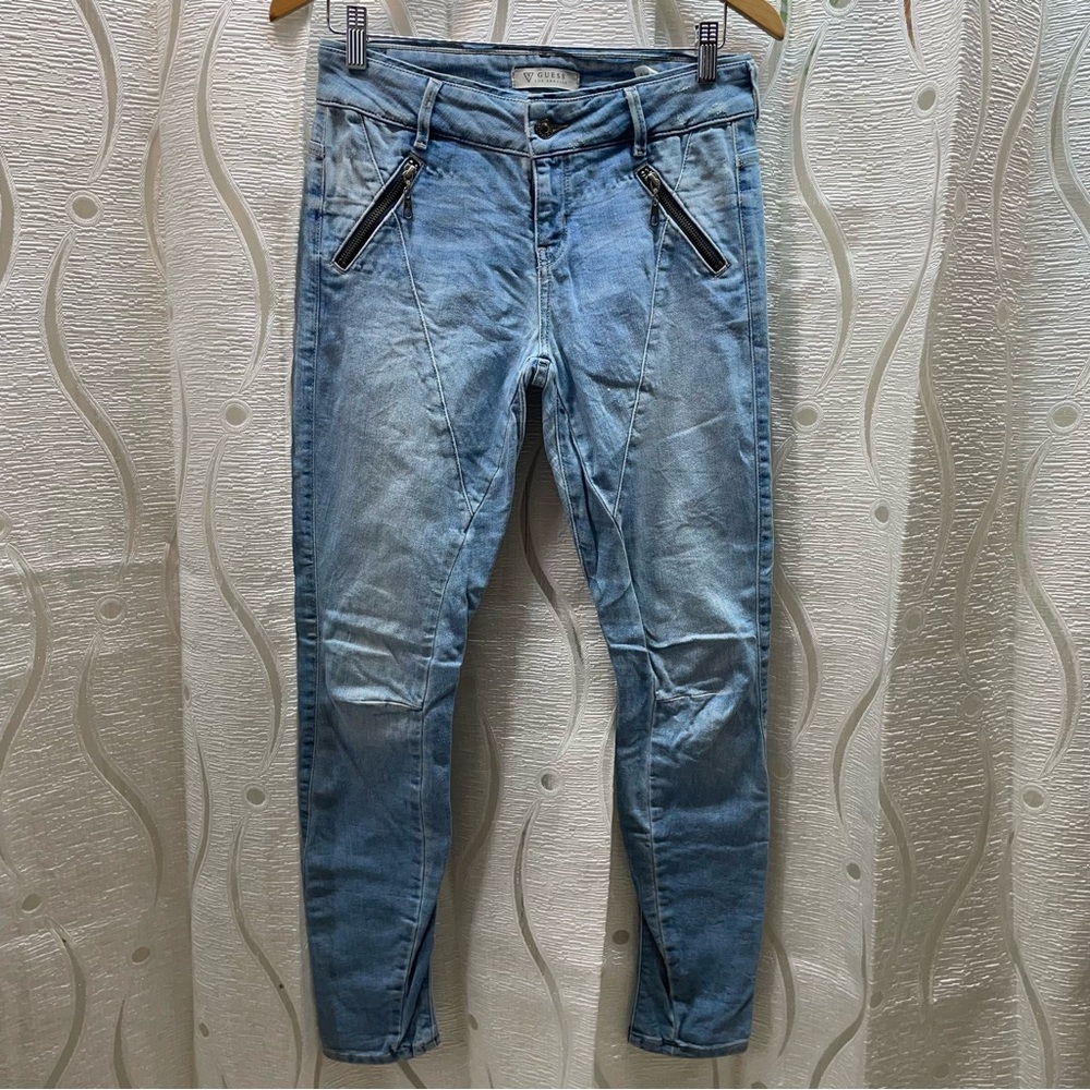 Guess Skinny Jeans Women 29 Light Blue Moto Zip Distressed W61A70D20B0‎